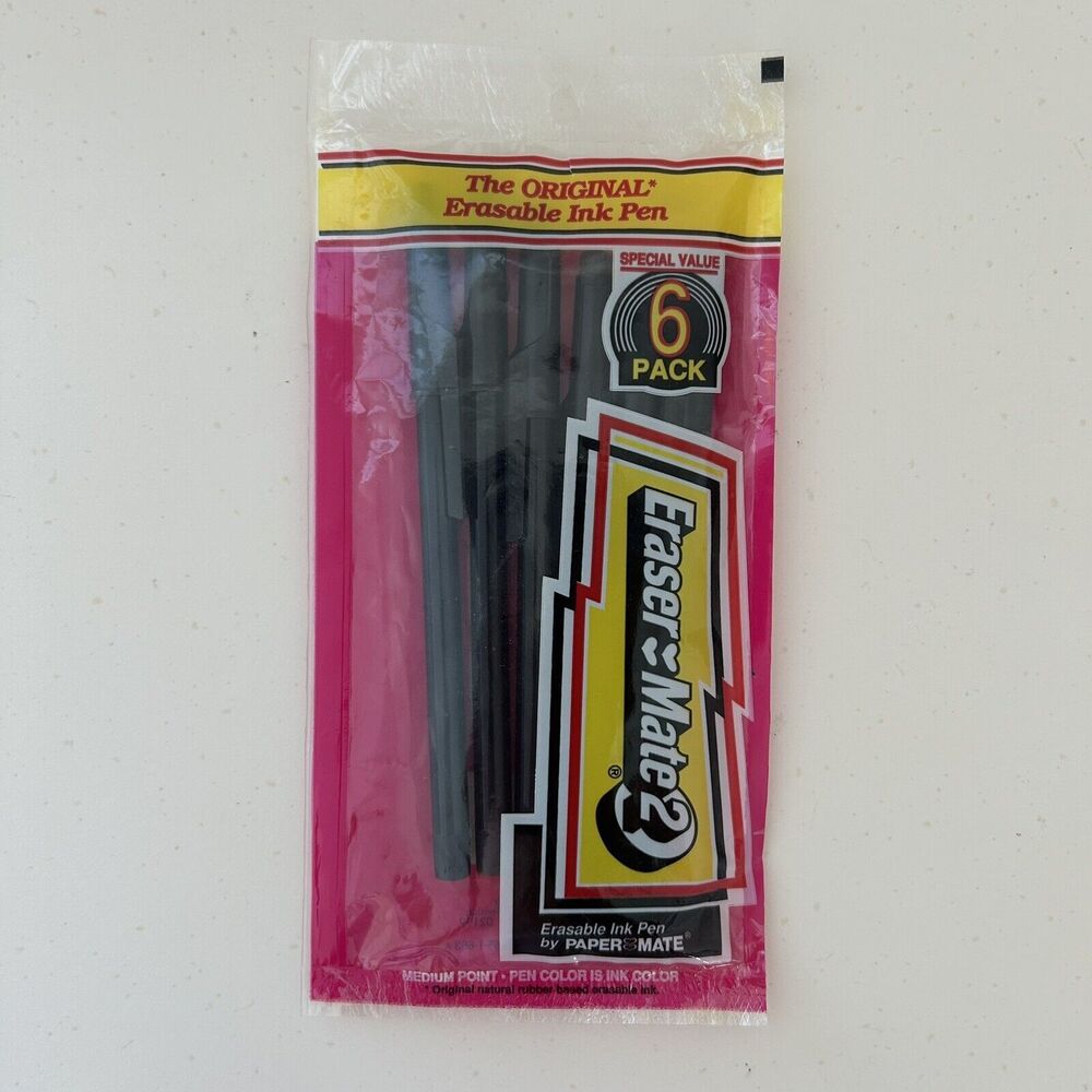 Paper Mate Pens Eraser 2 Gillette Black Ink Med Point 6 Pack Sealed 90s Vtg NOS